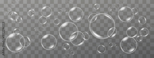 Realistic Bubble Collection – Transparent Soap Bubbles with 3D Glossy Reflection, Floating and Flying Air Bubbles, Light Glare Effect, Isolated Vector Set