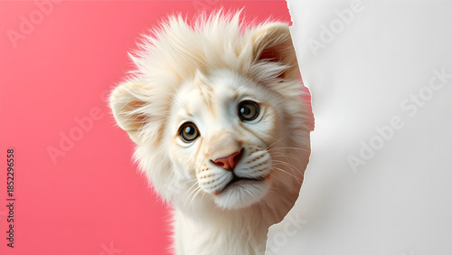 Adorable white lion cub peeking curiously from behind a white sheet against a vibrant pink background, showcasing its innocent gaze and playful nature