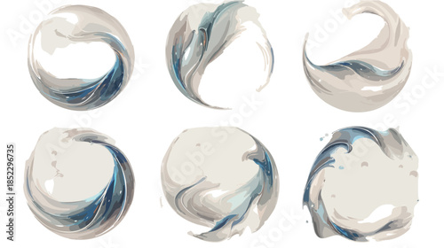 透明感のある水彩風の抽象的な円形デザイン6種セット、流れるような水の動きと繊細な筆致が特徴