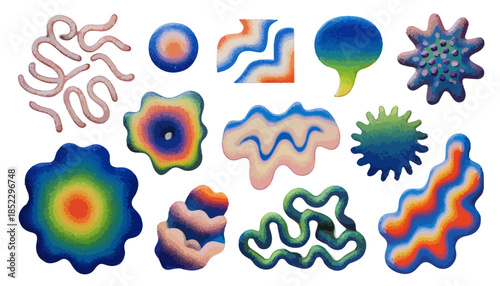 カラフルで抽象的な形状のセット、グラデーションカラーと透明感のあるデザイン、モダンな背景