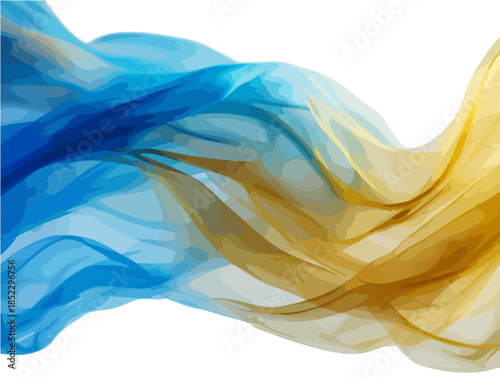 青と黄色の透明な布が風になびく抽象的な背景、エレガントで流れるようなデザイン