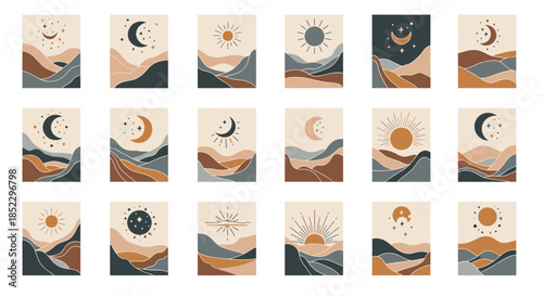 Boho celestial landscape art collection with sun, moon, and stars over abstract mountains and hills in earthy tones.