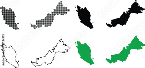 Stylized Malaysia maps in dot, silhouette, outline, and green formats, showcasing Peninsular and East regions