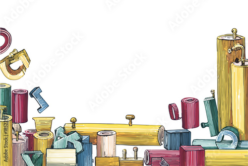 様々な配管部品と蛇口が積み重なった、カラフルで透明感のあるイラストレーション。