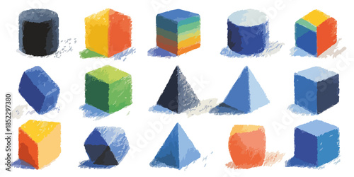 様々な幾何学的形状のカラフルなイラスト、教育やデザインのコンセプトに最適