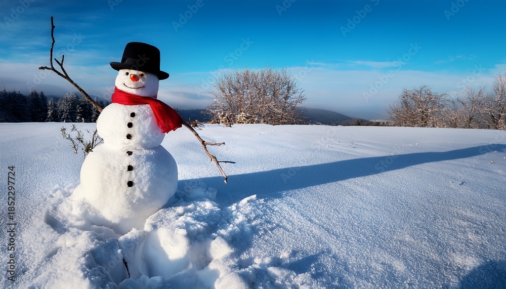Obraz premium Snowman With Black Top Hat And Red Ribbon Winter White