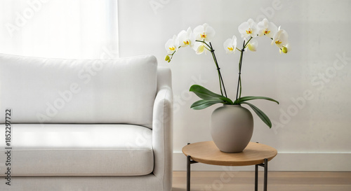 Elegant white orchid plant in a gray ceramic pot on a wooden side table by a sofa