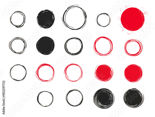 手描きの円形ブラシストローク、黒、赤、白の透明な背景のセット、デザイン要素