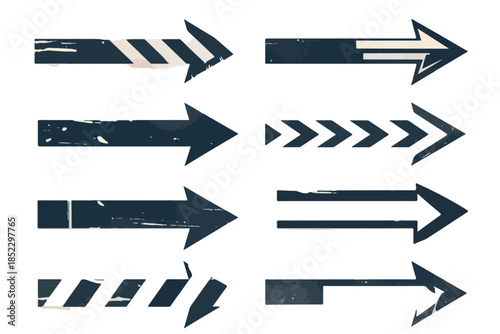 様々なデザインの矢印アイコンセット、透明な背景に配置された工業風のグラフィック素材