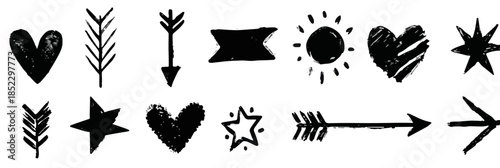手書き風のハート、矢印、星、太陽、リボンなどのアイコンセット。透明で使いやすいデザイン。