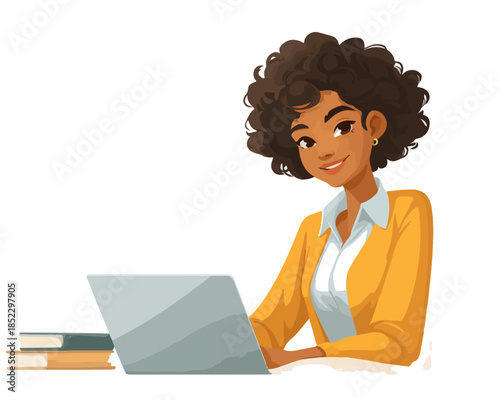 明るい笑顔でノートパソコンに向かうアフリカ系アメリカ人女性、透明な背景に本が置かれている