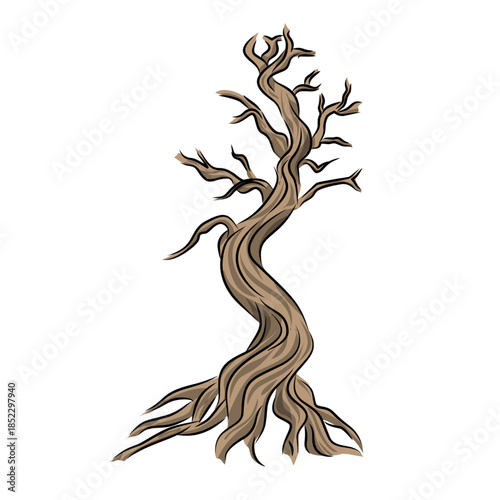 Dead Tree with Twisted Branches and Roots Vector Illustration for Nature and Spooky Concepts