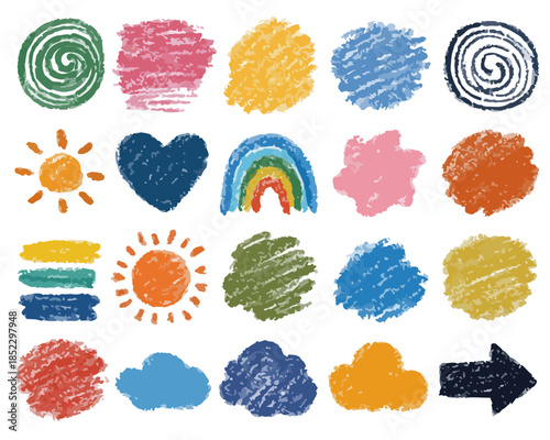 クレヨンで描かれた太陽、虹、ハート、雲、渦巻き、矢印、抽象的な図形などのカラフルなイラストセット。