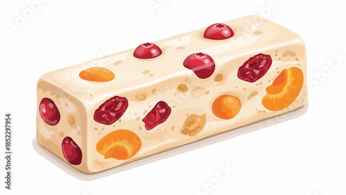 Illustration of a block of fruitcake with dried fruits on a plain white background.