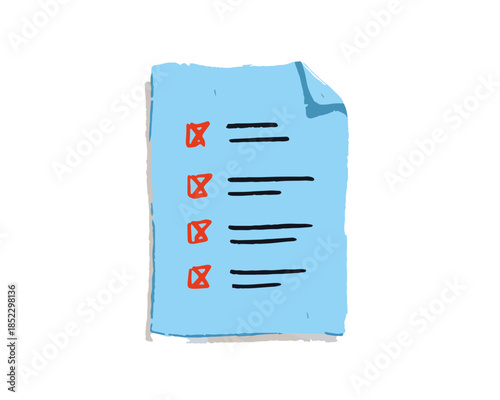 青い紙にチェックマークが付いたリストのシンプルなイラスト。透明な背景で、タスク完了や意思決定の概念を表します。