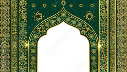 Abstract green background featuring a festive golden ornament window frame design