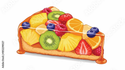 A slice of fruit tart with a variety of fruits on top against a clean white background.