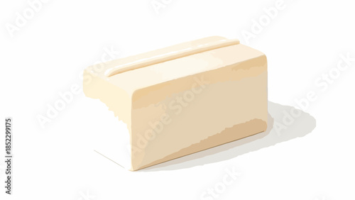 Close-up of a single pale yellow bar of soap on a white background with soft shadows.