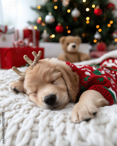 A sleeping golden retriever puppy adorned with a Christmas sweater and reindeer antlers represents the joy and coziness of the holiday season among festive decorations.