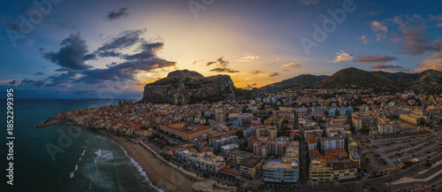 Panoramic aerial drone view of the Cefalu , Sicily, Italy by sunrise. Litttle town in Sicily near Palermo. Travel concept. August 2024
