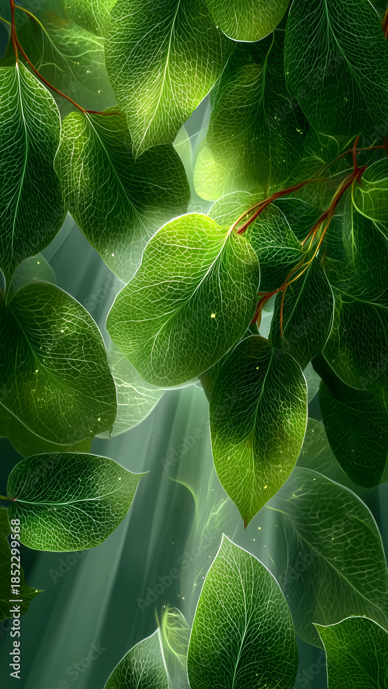 Obraz premium Fresh green leaves in sunlight close-up
