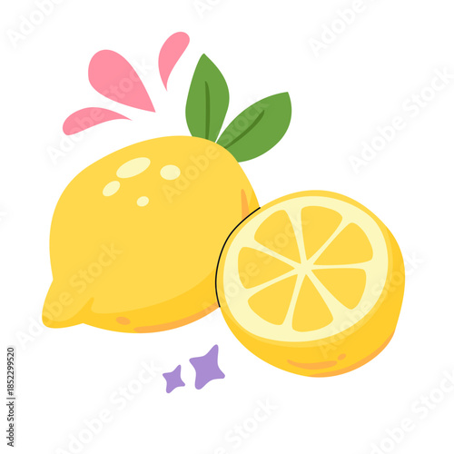 Two lemons, one whole and one sliced. Fresh yellow citrus fruits isolated on white background. Classic lemonade.
