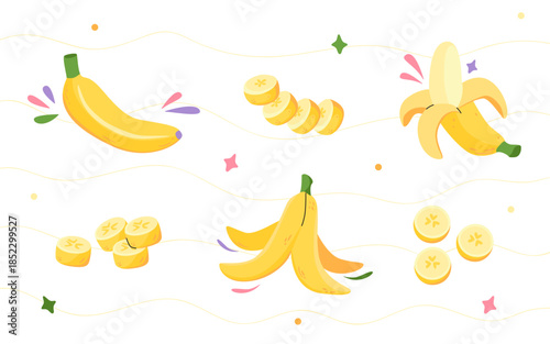 Ripe yellow bananas set with whole fruit, slices and peels isolated on a white background. Summer design for textile printing, poster, logo. 
