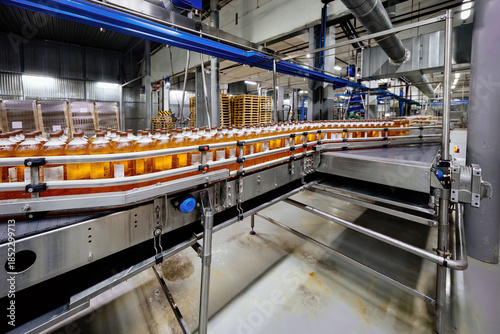 Fotografija Production line of bottling of beverage into plastic bottles