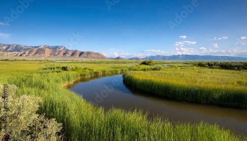 Beautiful Landscape Of A River In Tall Meadow Grass And Mountains On The Horizon At The Bear River Migratory Bird Refuge In Utah United States
