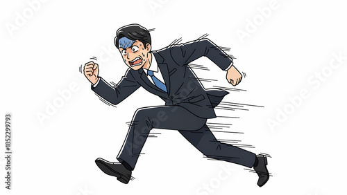 必死な形相で走る日本のビジネスパーソン - 納期とトラブル対応のアニメ・ウェブトゥーン風イラスト
