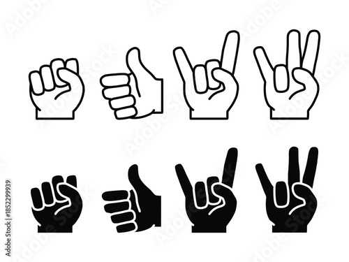 Hand Gesture Counting Numbers Icons Set. Finger Counting Hand Icons in Outline and Solid Style