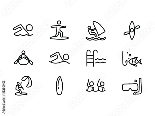 Water Sports Line Icons Set. Swimming and Water Activity Icons