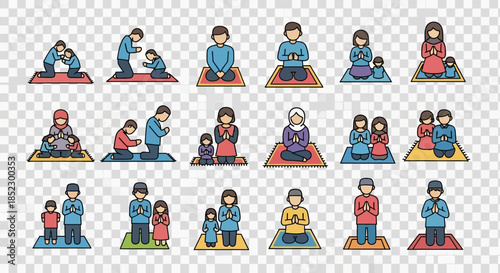 People Praying in Various Positions Illustration.