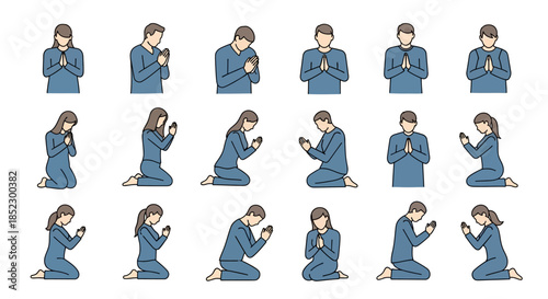 People Praying in Various Positions Kneeling.