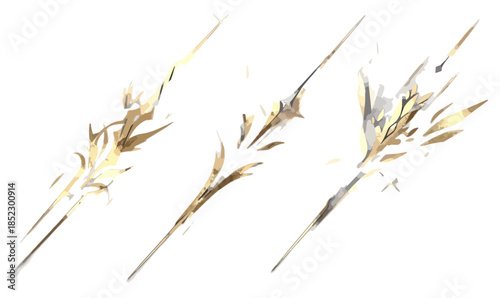 Conjunto de efectos de impacto de lanza dorada y energía mágica con fondo transparente, estilo acuarela.