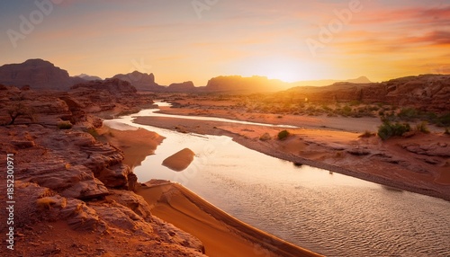 River In Desert Breathtaking Sunset Over Mars Like Rocky Landscape Water In Sandy Dunes
