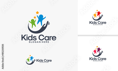 Kids Care Logo Design with Happy Children and Stars.