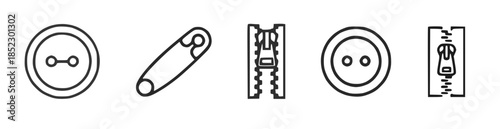  Sewing and clothing fastener minimal outline black icon set featuring button safety pin zipper and snap in simple black line style ,concept of tailoring fashion repair and craft tools
