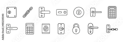 Outline icons collection of door locks handles chains keypad and fingerprint security symbols , conveying protection safety and access control Concept of security privacy and protection
