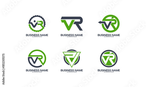 Collection of Six VR Logo Designs with Green and Black Accents.