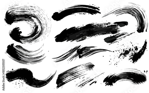 Colección de trazos artísticos de pinceladas negras con textura de tinta sobre fondo blanco, ideales para diseño.