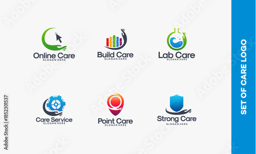 Set of Six Medical and Care Related Logos with Icons and Text.