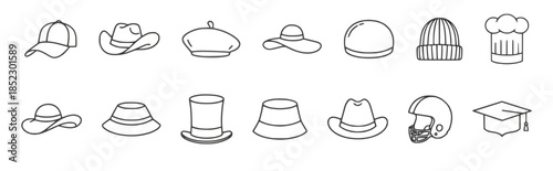 Hat and headwear line icons collection featuring cap cowboy beret fedora helmet and graduation, icons outline design, various head accessories arranged in row for fashion and identity use