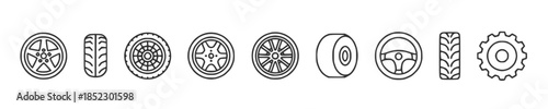 Automotive wheel and tire line icons set displaying rims treads and gear shapes in monochrome outline style, mechanical vehicle components aligned horizontally for transport and engineering themes 