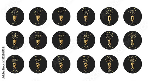 Set of 18 elegant golden goblets with bursting confetti on black background, celebration icons.
