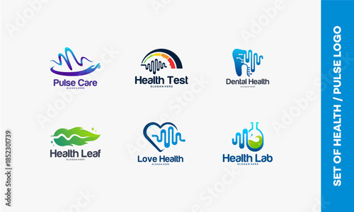 Set of Health and Medical Logos with Pulse and Heartbeat Designs.