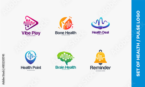 Set of Health and Medical Related Logos with Pulse Wave Designs.