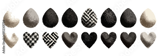 Colección de formas de corazón y gota en texturas monocromáticas, ideales para diseño gráfico con fondo transparente.
