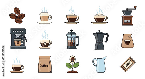 A collection of various coffee-related items and brewing equipment, including beans, cups, machines, and accessories, presented as flat design icons.