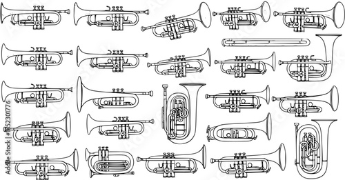 Black and white line art collection of various brass musical instruments, including trumpets, tubas, euphoniums, cornets, and trombones, depicting different types and views